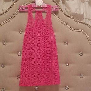 Hot Pink Swimsuit cover up with crocheted texture